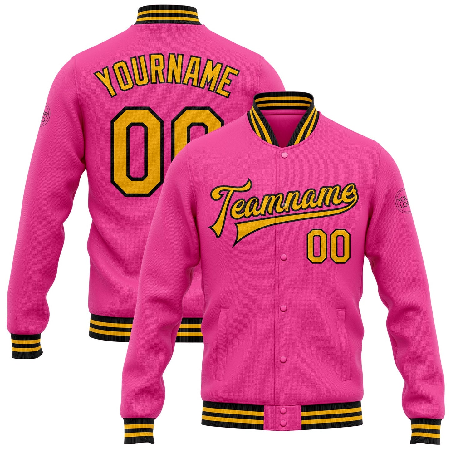 Custom Pink Gold-Black Bomber Full-Snap Varsity Letterman Jacket - Main View