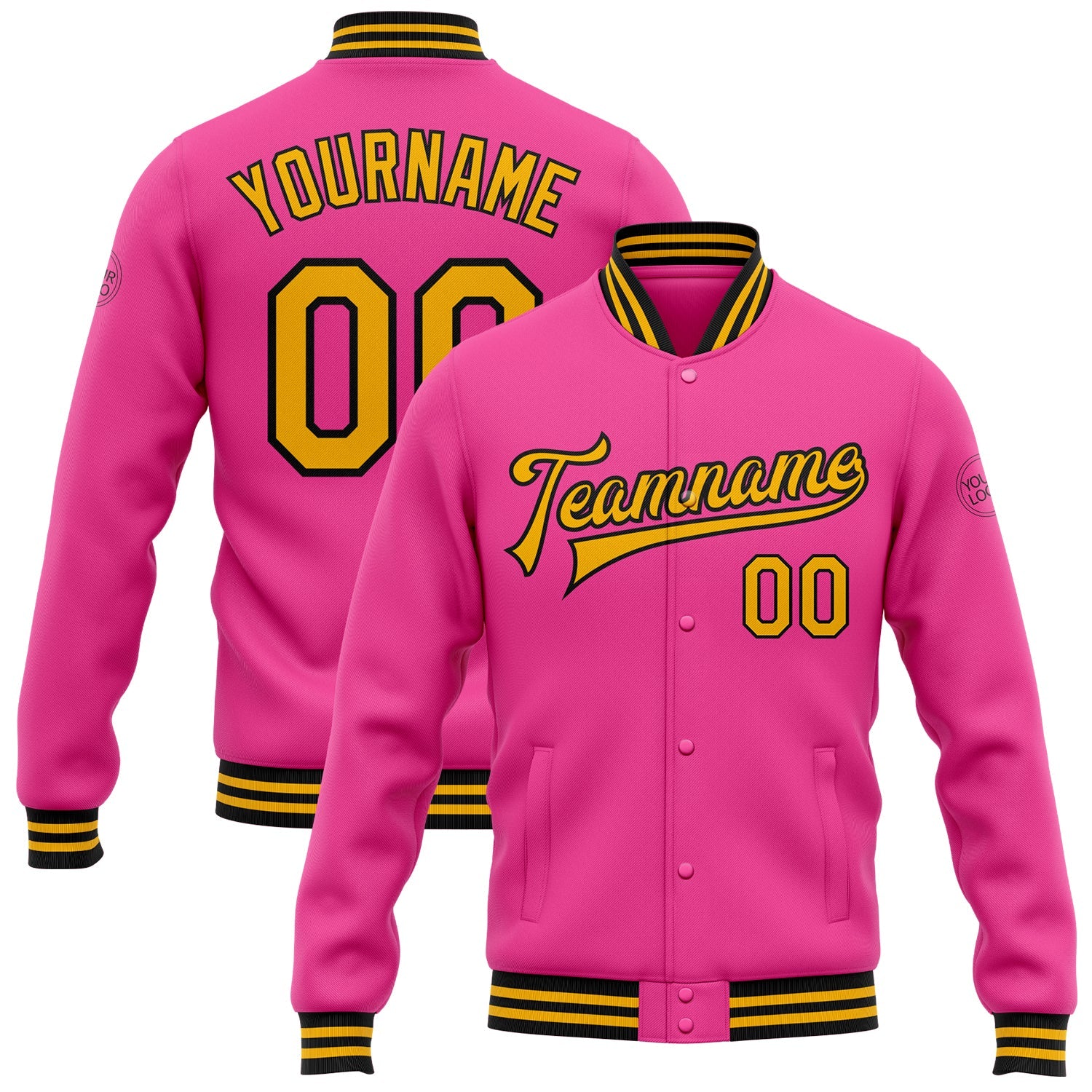 Custom Pink Gold-Black Bomber Full-Snap Varsity Letterman Jacket - Main View