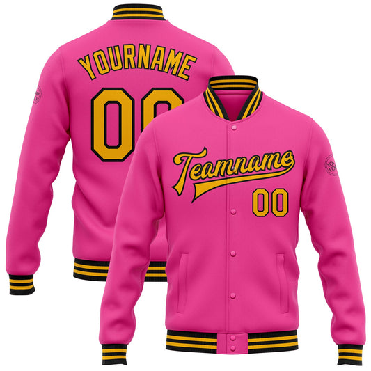 Custom Pink Gold-Black Bomber Full-Snap Varsity Letterman Jacket - Main View