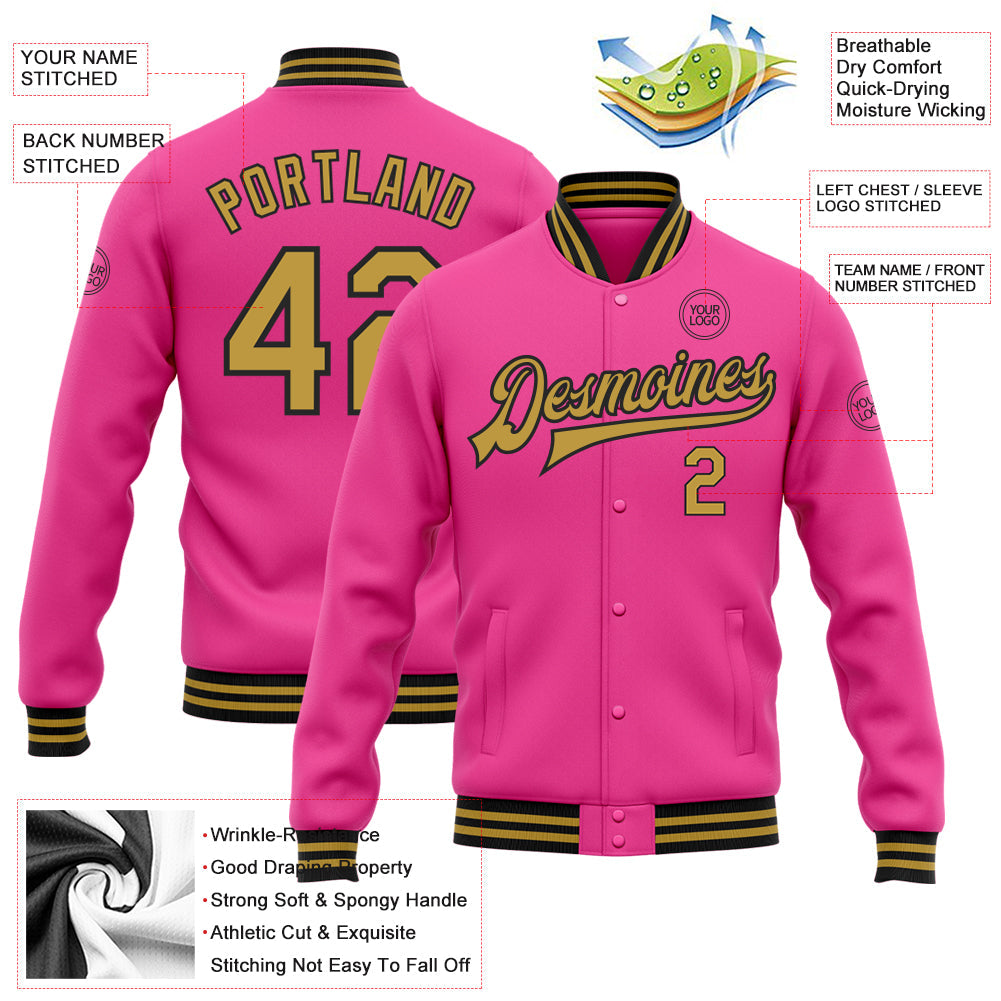 Custom Pink Old Gold-Black Bomber Full-Snap Varsity Letterman Jacket view 5