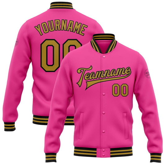 Custom Pink Old Gold-Black Bomber Full-Snap Varsity Letterman Jacket - Main View