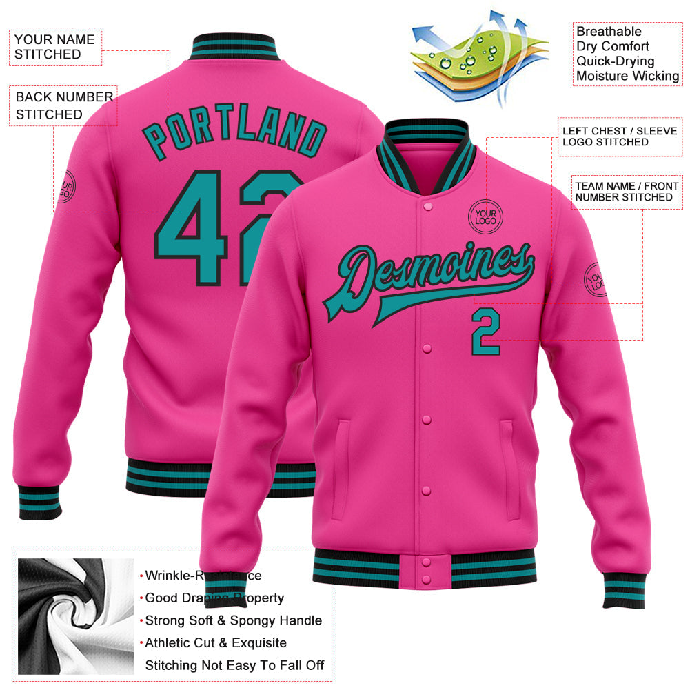 Custom Pink Teal-Black Bomber Full-Snap Varsity Letterman Jacket view 5