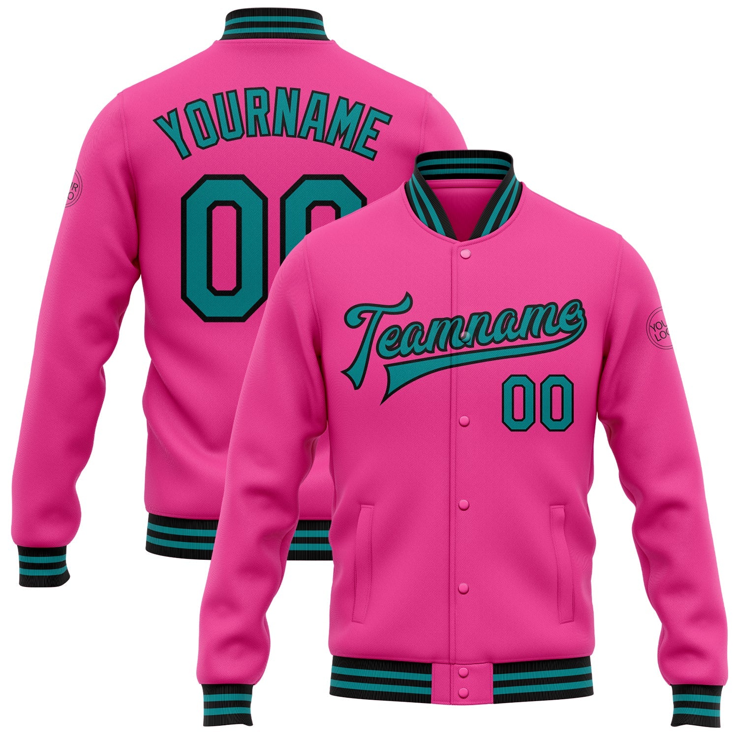 Custom Pink Teal-Black Bomber Full-Snap Varsity Letterman Jacket - Main View