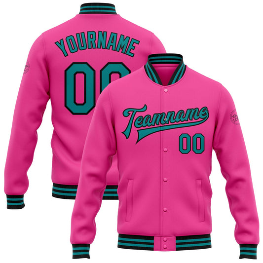 Custom Pink Teal-Black Bomber Full-Snap Varsity Letterman Jacket - Main View
