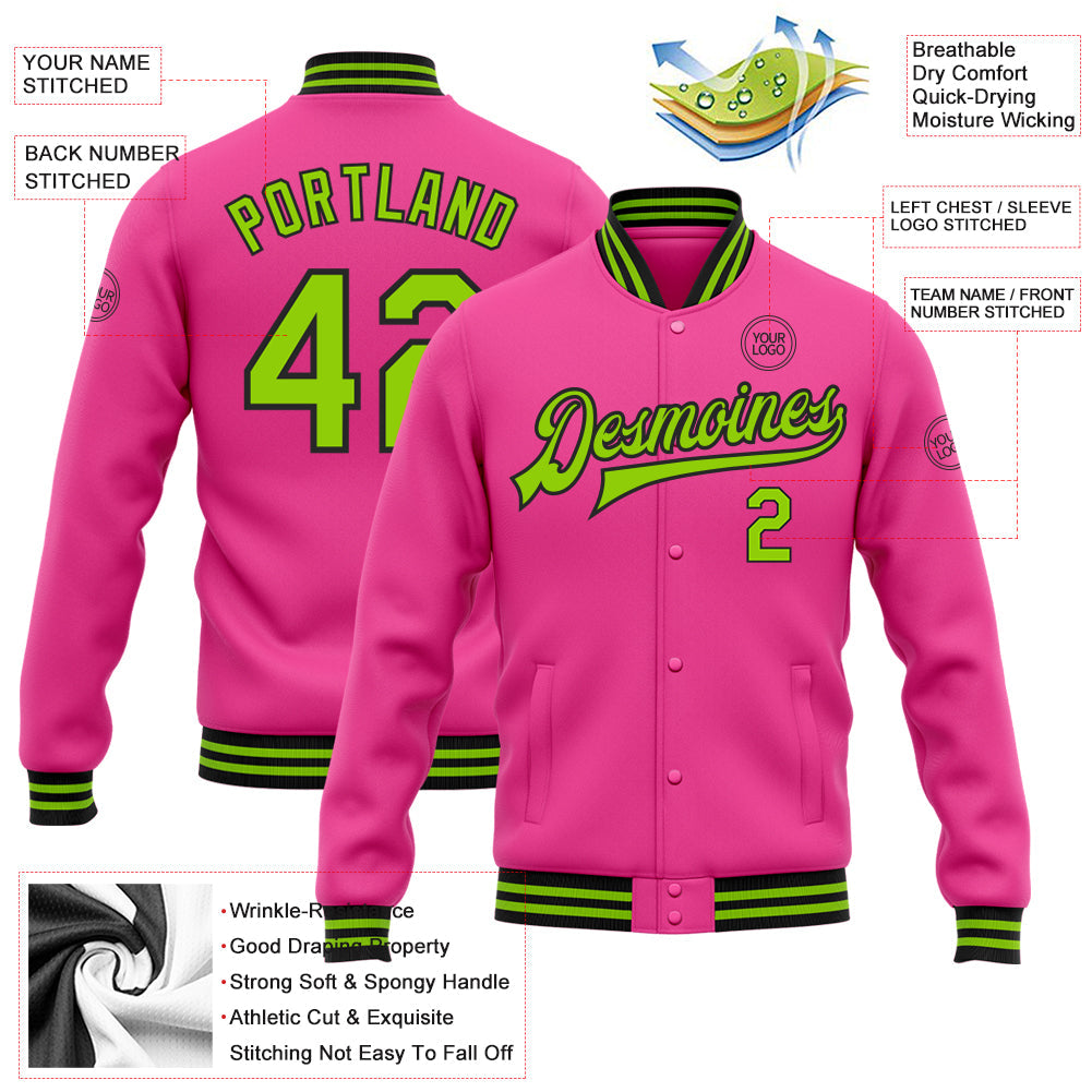 Custom Pink Neon Green-Black Bomber Full-Snap Varsity Letterman Jacket view 5