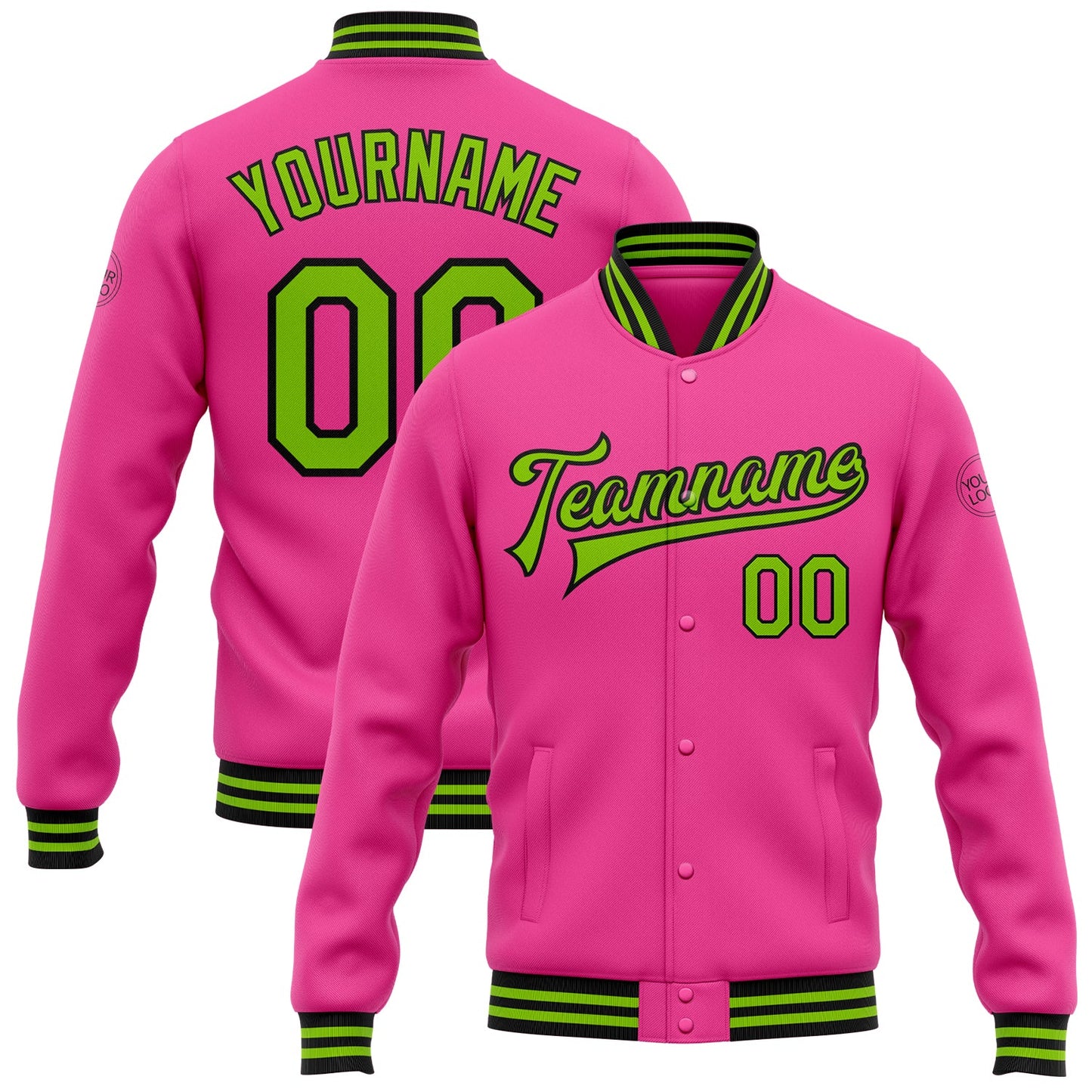 Custom Pink Neon Green-Black Bomber Full-Snap Varsity Letterman Jacket - Main View