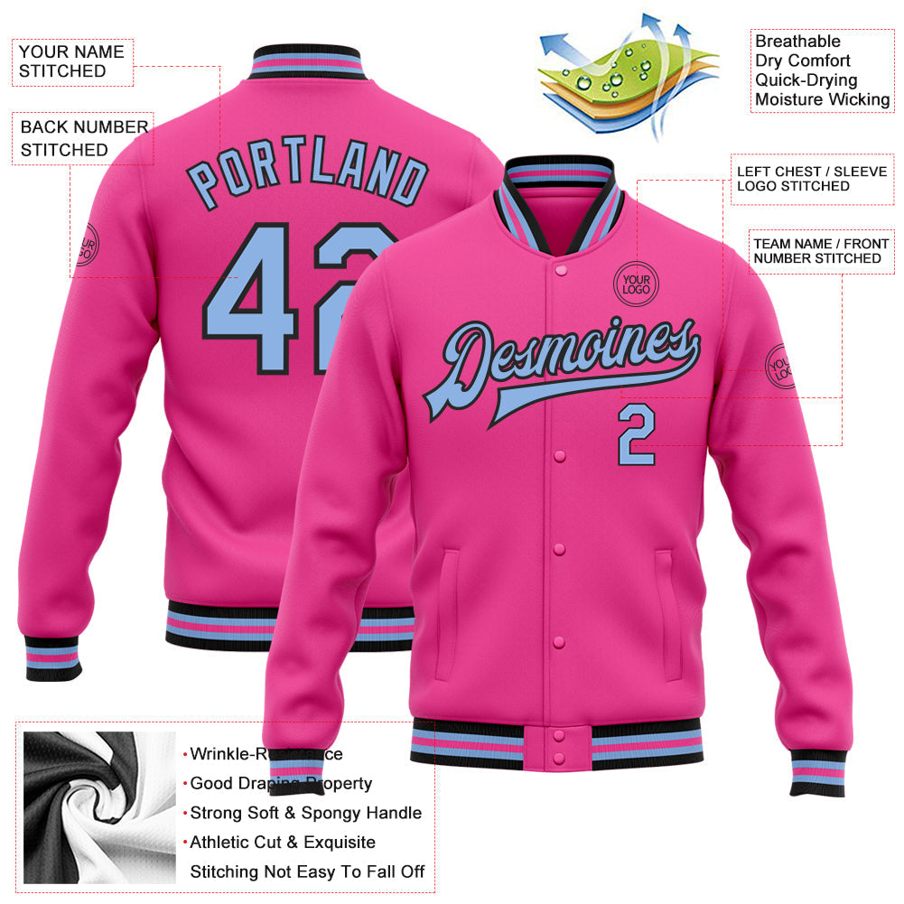 Custom Pink Light Blue-Black Bomber Full-Snap Varsity Letterman Jacket view 5