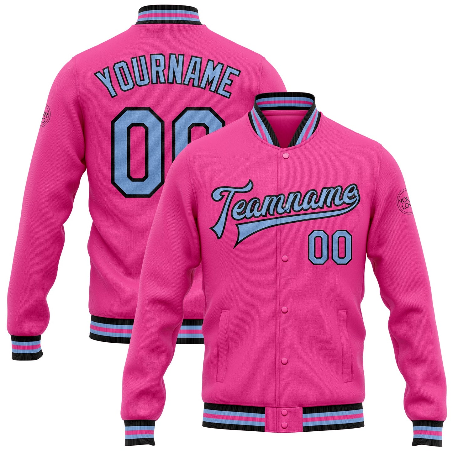 Custom Pink Light Blue-Black Bomber Full-Snap Varsity Letterman Jacket - Main View