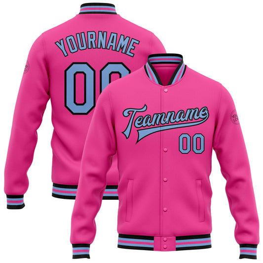 Custom Pink Light Blue-Black Bomber Full-Snap Varsity Letterman Jacket - Main View