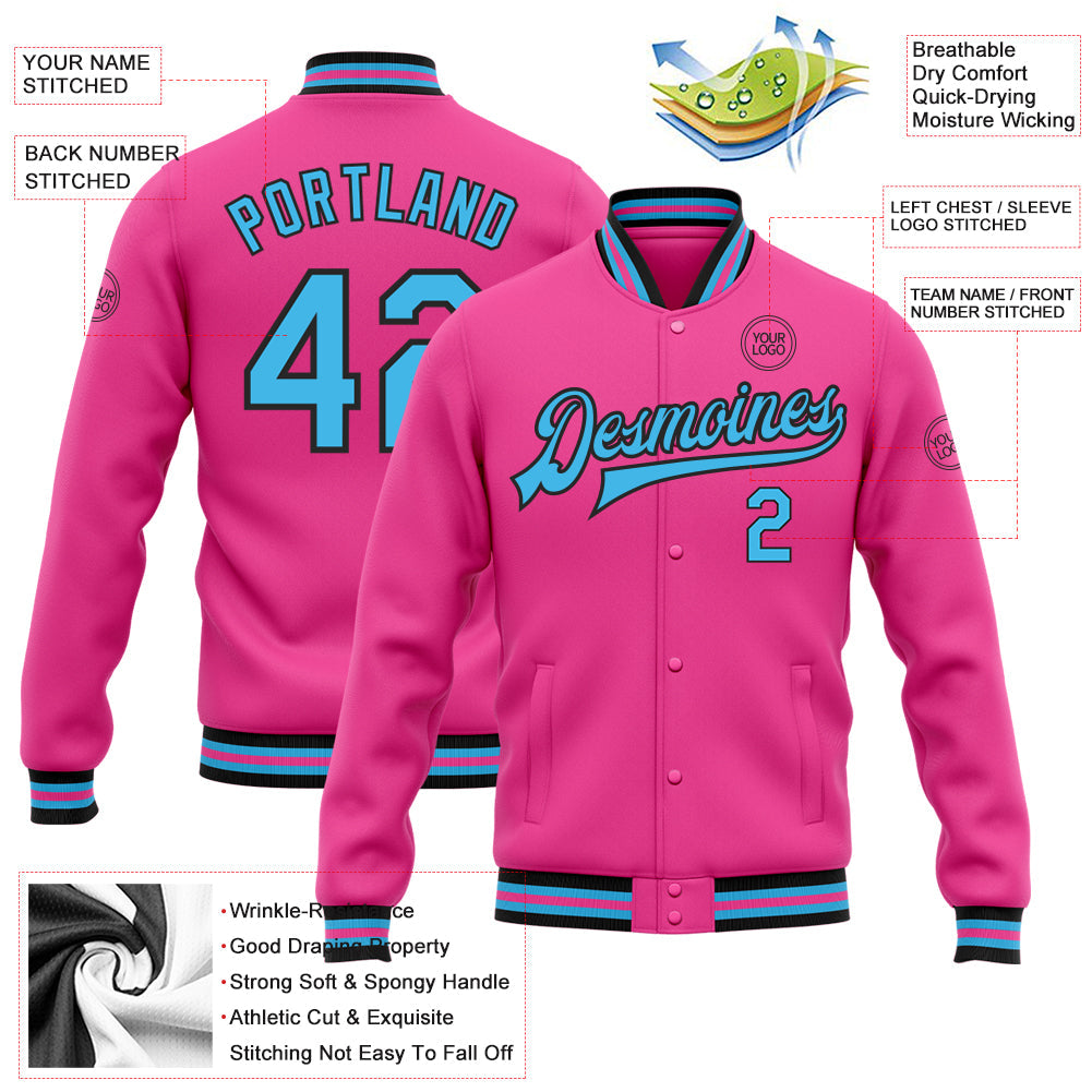 Custom Pink Sky Blue-Black Bomber Full-Snap Varsity Letterman Jacket view 5