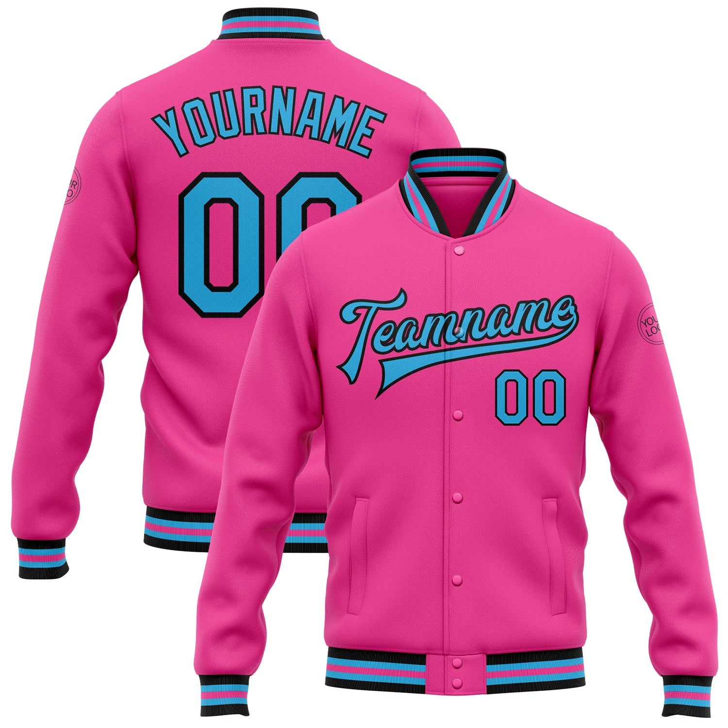 Custom Pink Sky Blue-Black Bomber Full-Snap Varsity Letterman Jacket - Main View