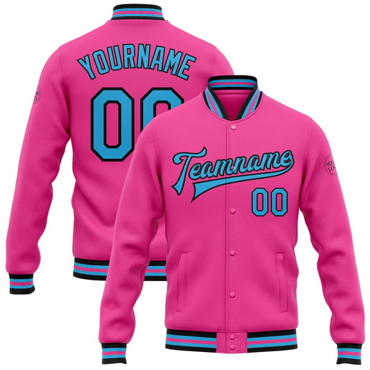 Custom Pink Sky Blue-Black Bomber Full-Snap Varsity Letterman Jacket - Main View