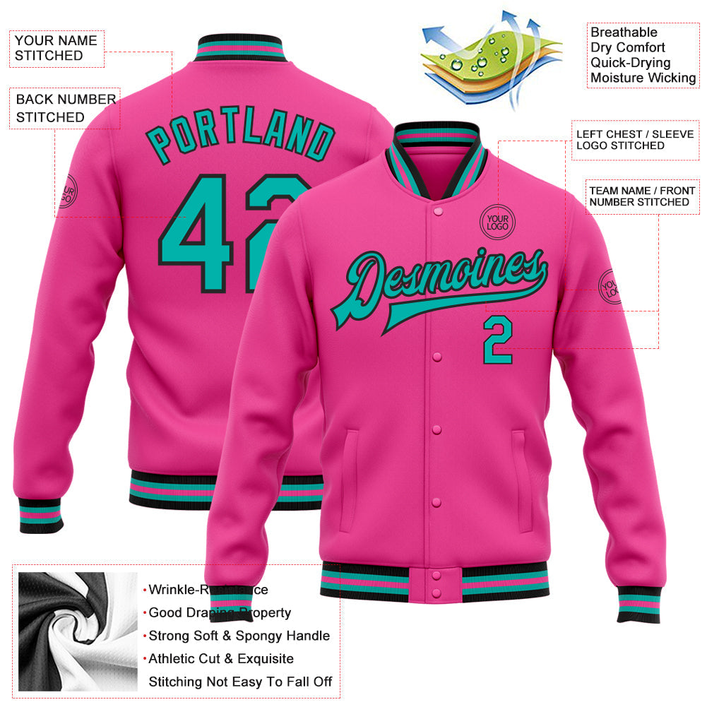 Custom Pink Aqua-Black Bomber Full-Snap Varsity Letterman Jacket view 5