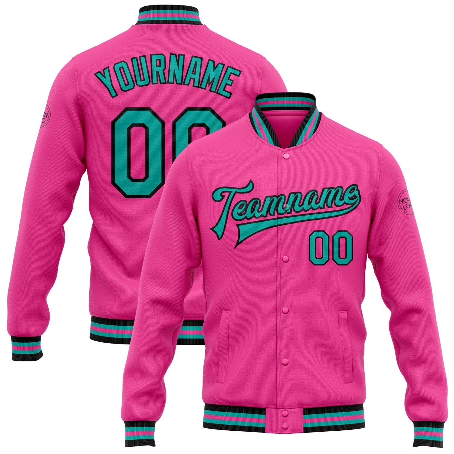 Custom Pink Aqua-Black Bomber Full-Snap Varsity Letterman Jacket - Main View