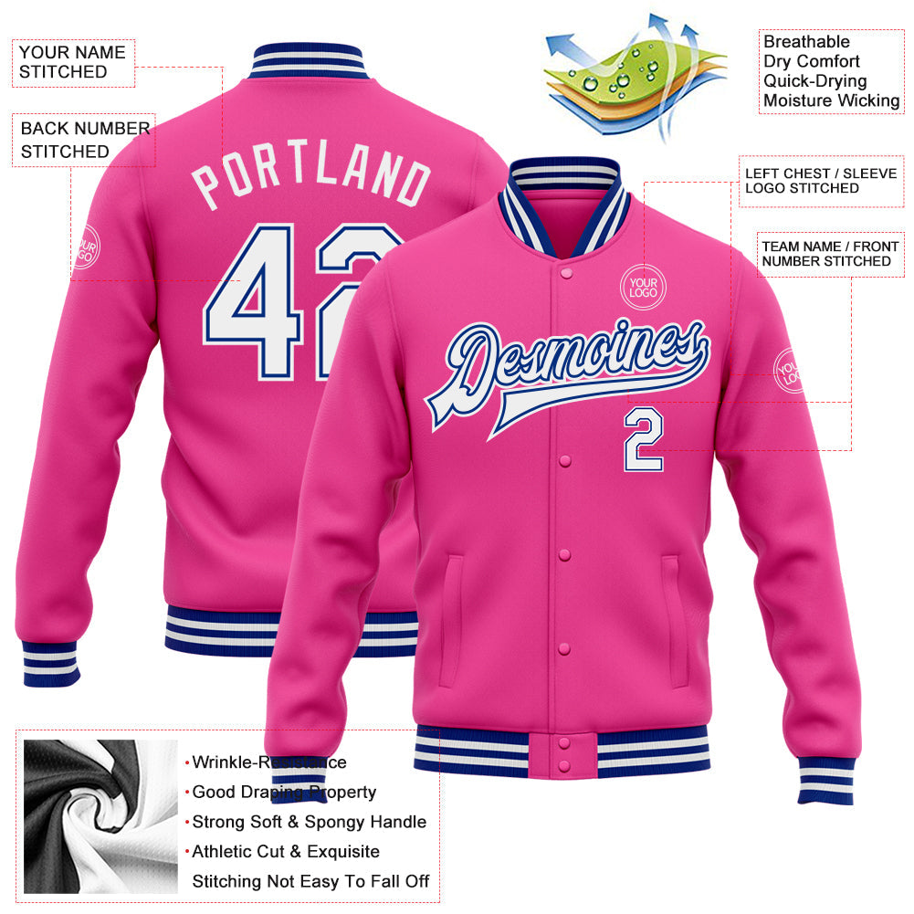 Custom Pink White-Royal Bomber Full-Snap Varsity Letterman Jacket view 5