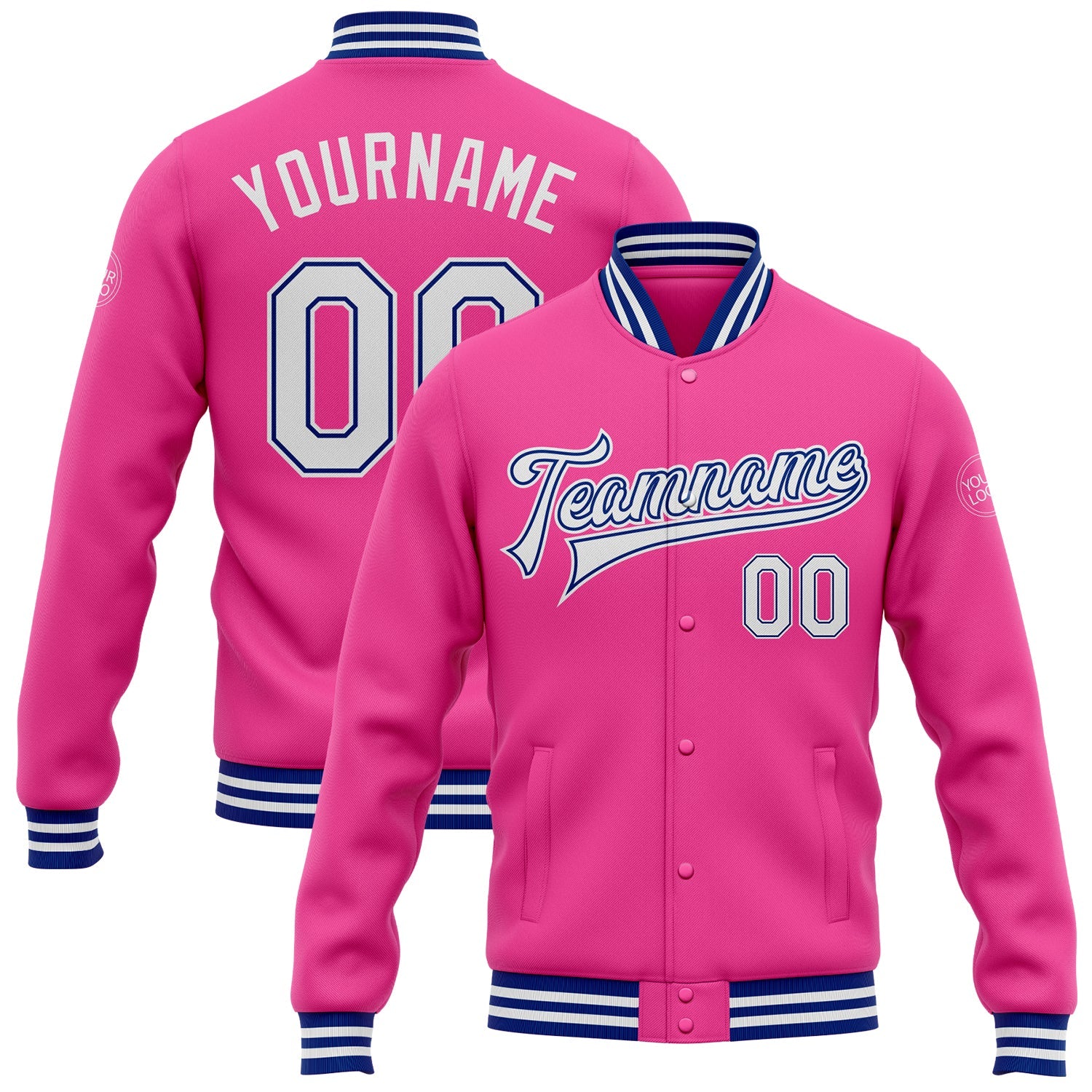 Custom Pink White-Royal Bomber Full-Snap Varsity Letterman Jacket - Main View