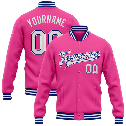 Custom Pink White-Royal Bomber Full-Snap Varsity Letterman Jacket - Main View