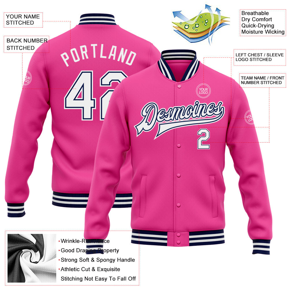 Custom Pink White-Navy Bomber Full-Snap Varsity Letterman Jacket view 5