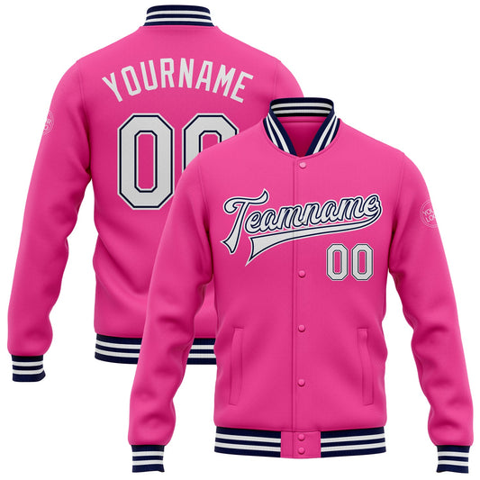Custom Pink White-Navy Bomber Full-Snap Varsity Letterman Jacket - Main View