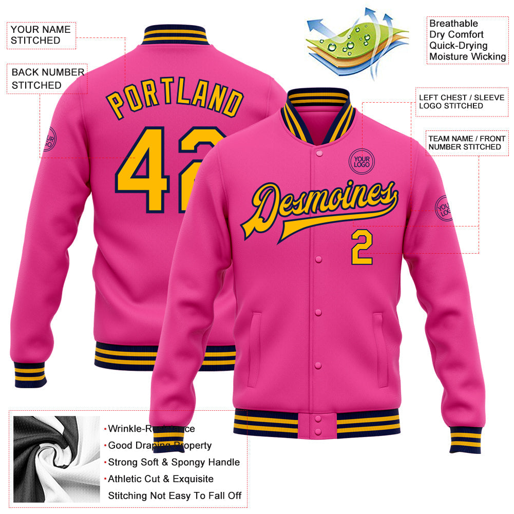 Custom Pink Gold-Navy Bomber Full-Snap Varsity Letterman Jacket view 5