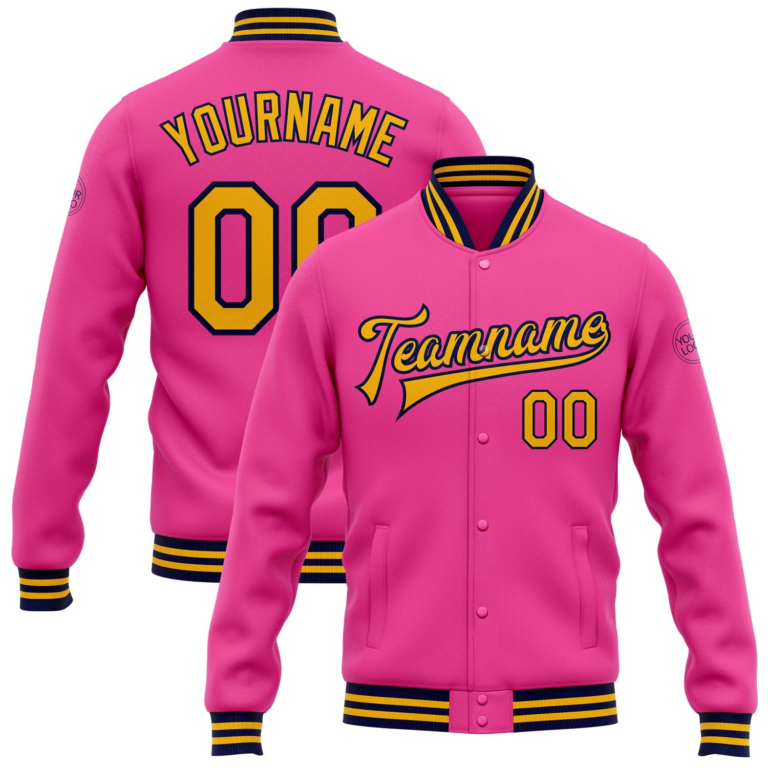 Custom Pink Gold-Navy Bomber Full-Snap Varsity Letterman Jacket - Main View