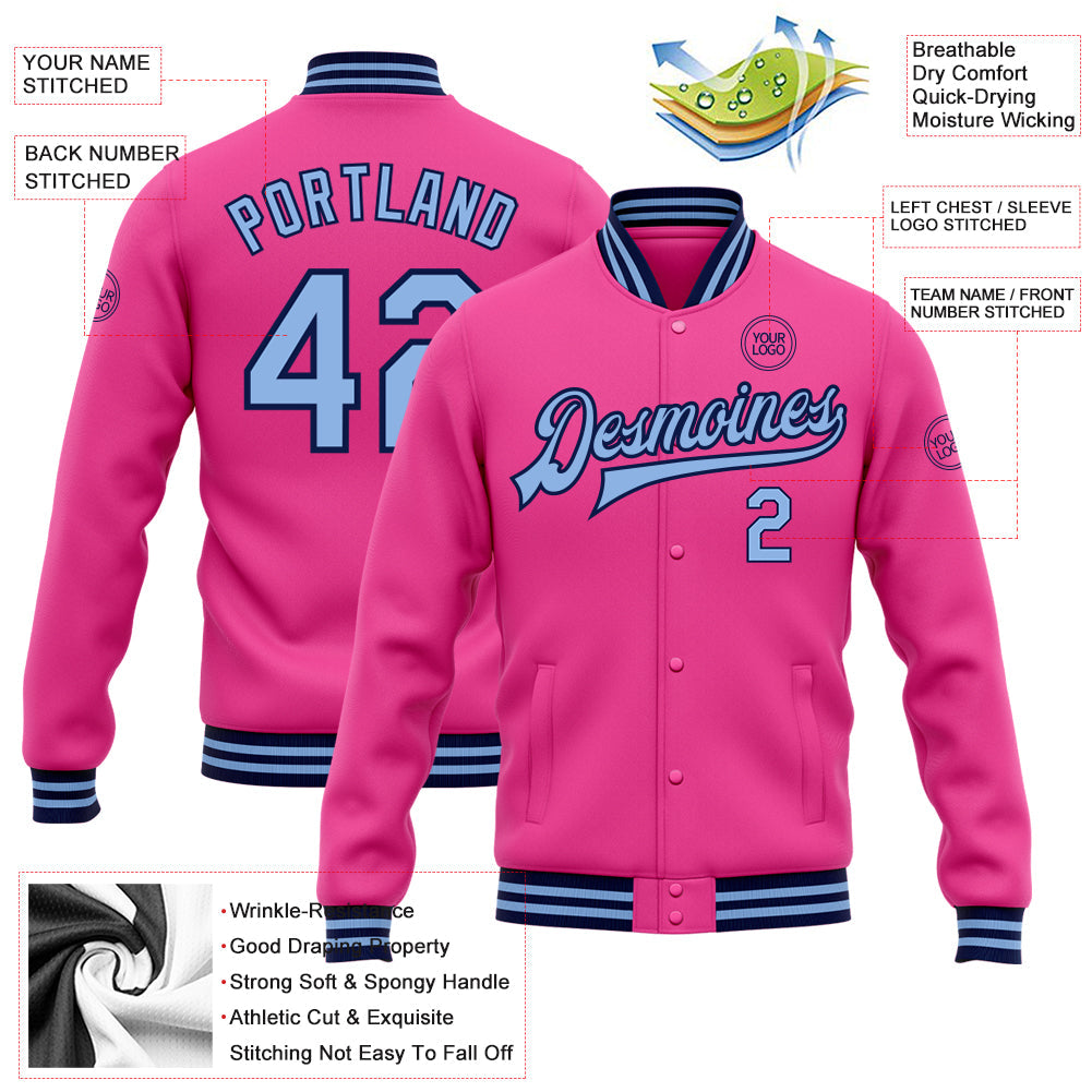 Custom Pink Light Blue-Navy Bomber Full-Snap Varsity Letterman Jacket view 5