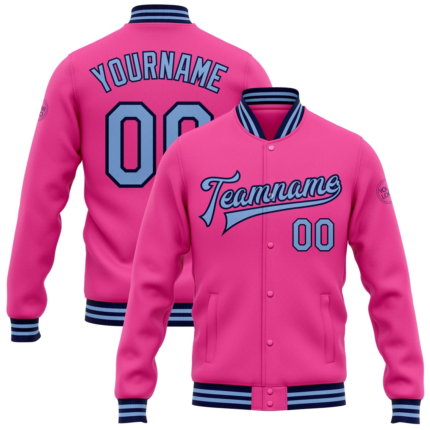 Custom Pink Light Blue-Navy Bomber Full-Snap Varsity Letterman Jacket - Main View