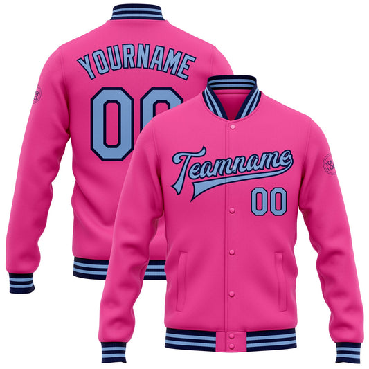 Custom Pink Light Blue-Navy Bomber Full-Snap Varsity Letterman Jacket - Main View