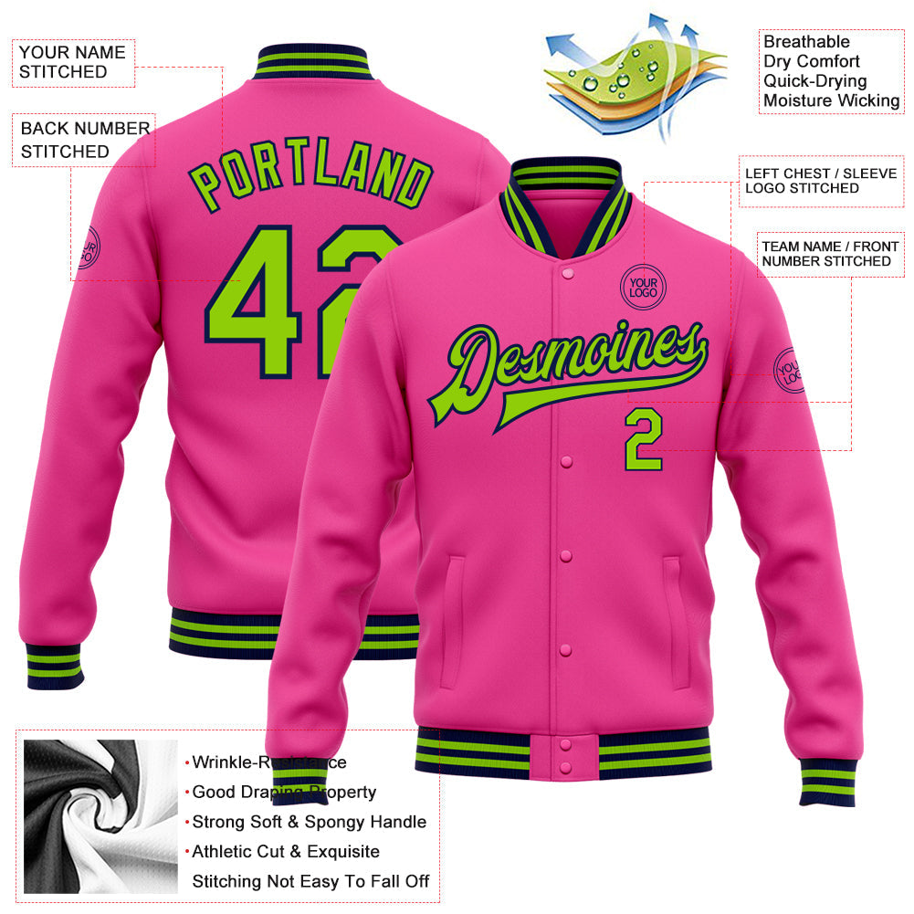 Custom Pink Neon Green-Navy Bomber Full-Snap Varsity Letterman Jacket view 5