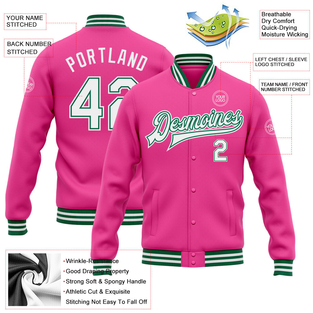Custom Pink White-Kelly Green Bomber Full-Snap Varsity Letterman Jacket view 5
