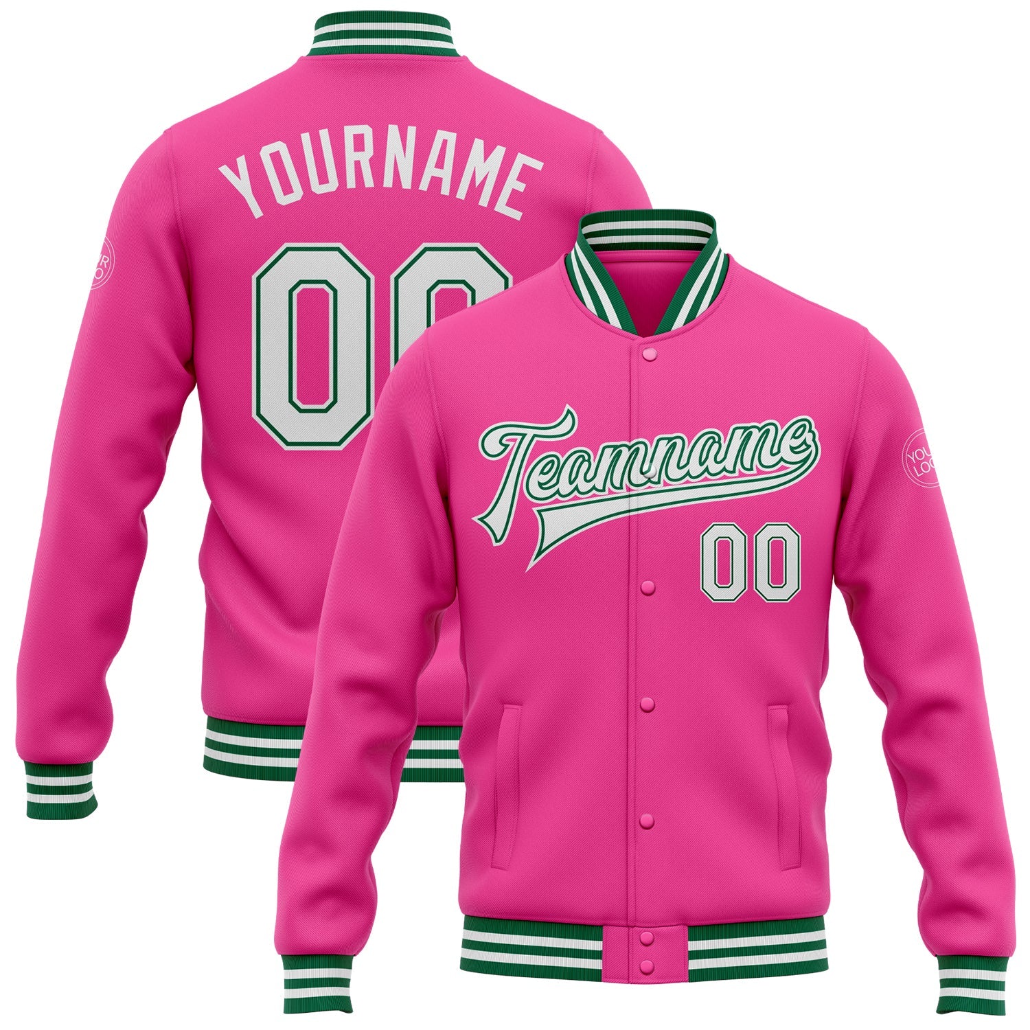 Custom Pink White-Kelly Green Bomber Full-Snap Varsity Letterman Jacket - Main View