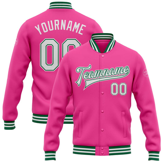 Custom Pink White-Kelly Green Bomber Full-Snap Varsity Letterman Jacket - Main View