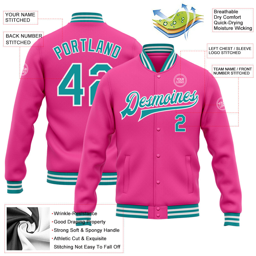 Custom Pink Teal-White Bomber Full-Snap Varsity Letterman Jacket view 5