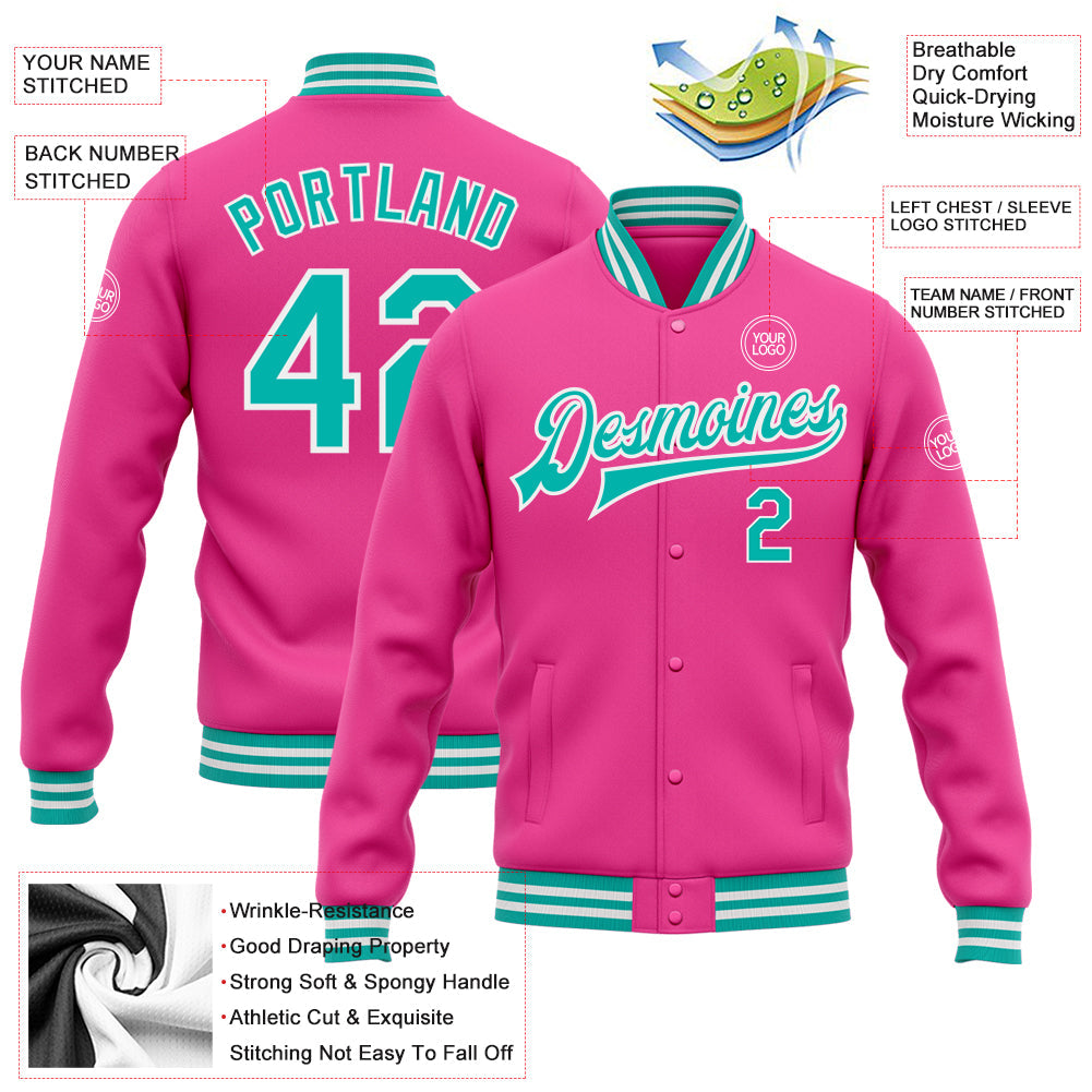 Custom Pink Aqua-White Bomber Full-Snap Varsity Letterman Jacket view 5