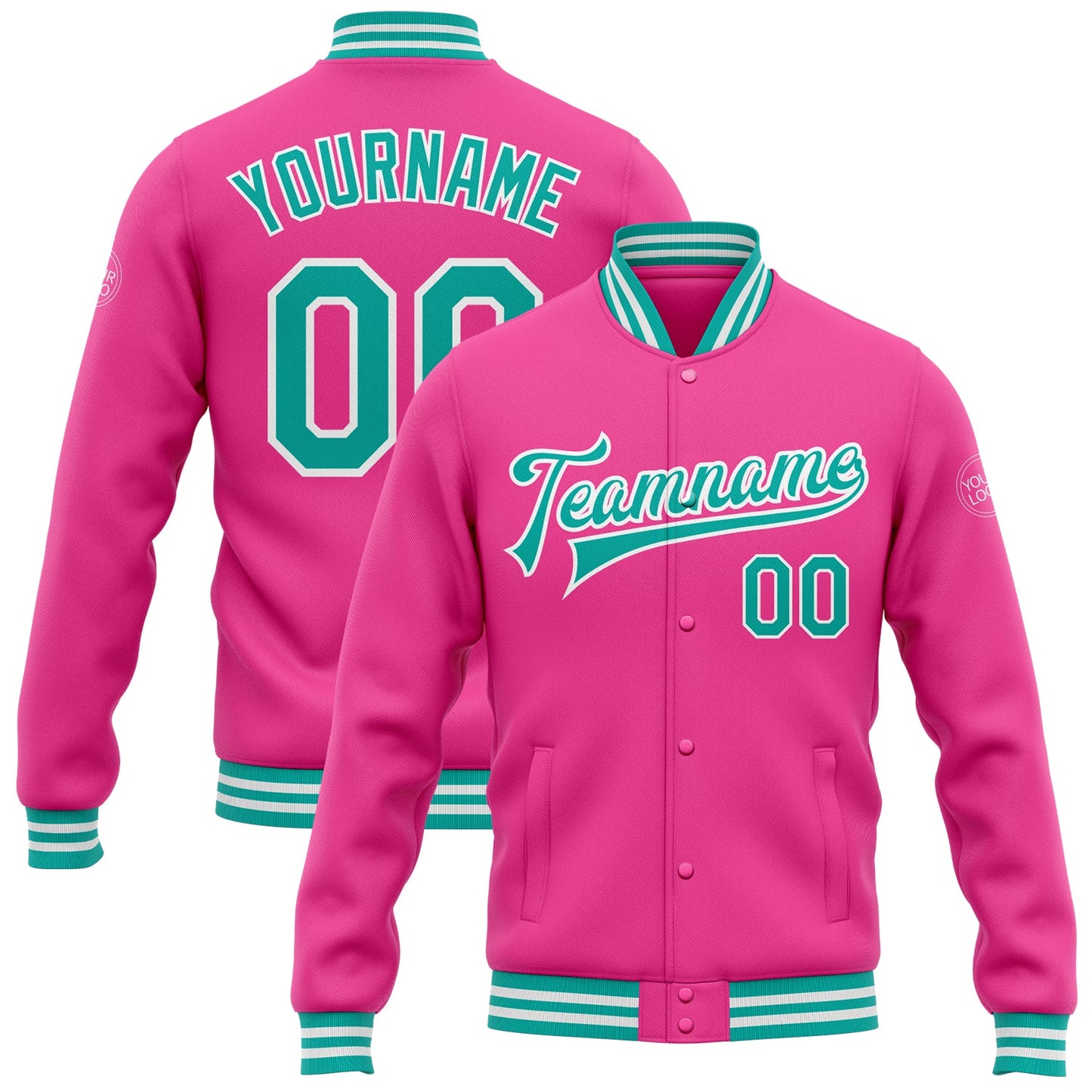 Custom Pink Aqua-White Bomber Full-Snap Varsity Letterman Jacket - Main View
