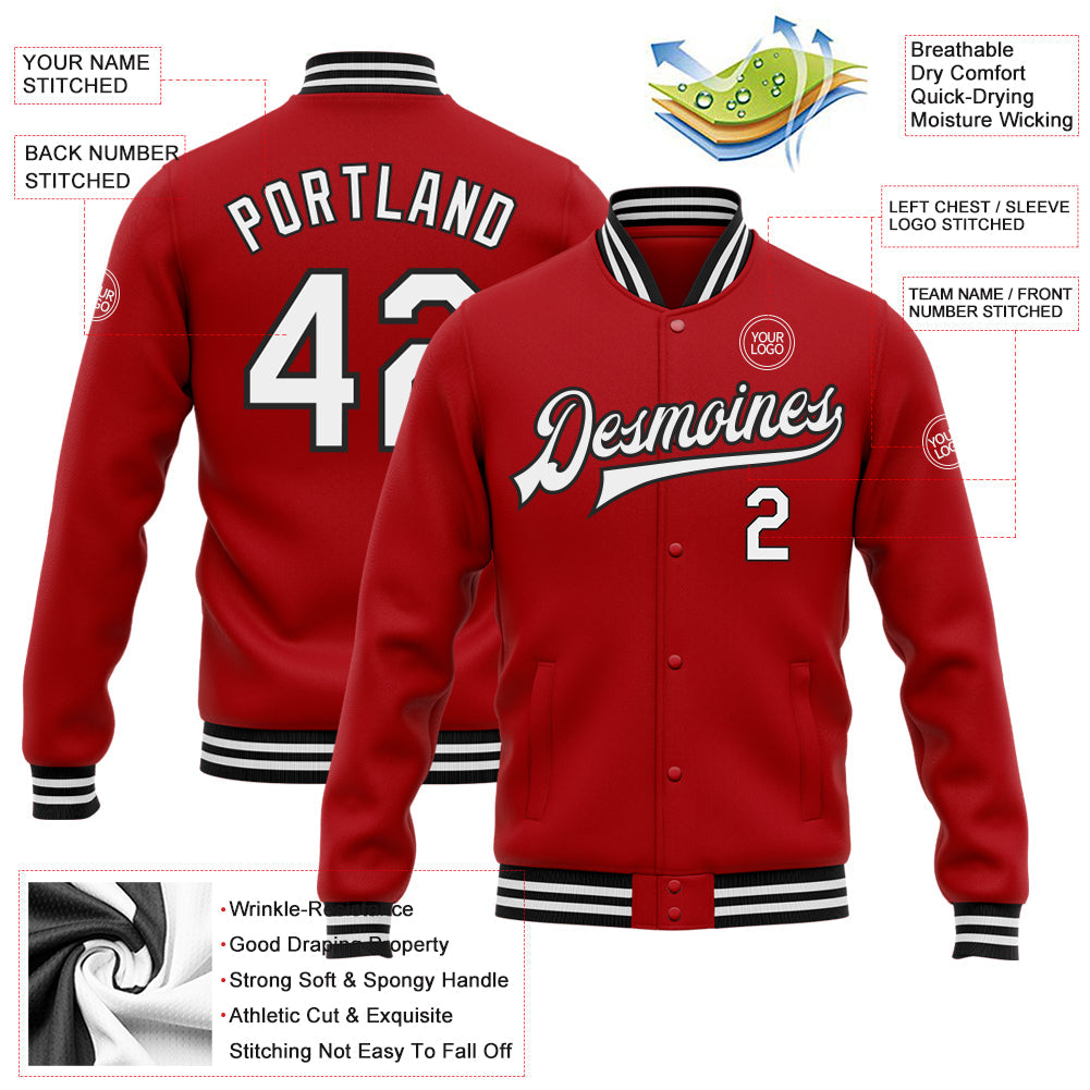 Custom Red White-Black Bomber Full-Snap Varsity Letterman Jacket view 5