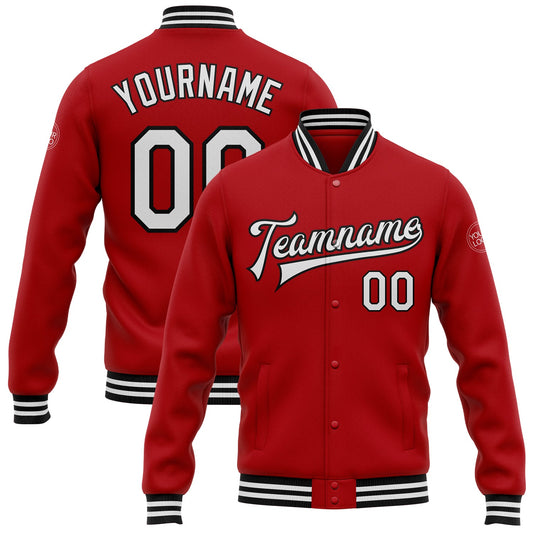 Custom Red White-Black Bomber Full-Snap Varsity Letterman Jacket - Main View