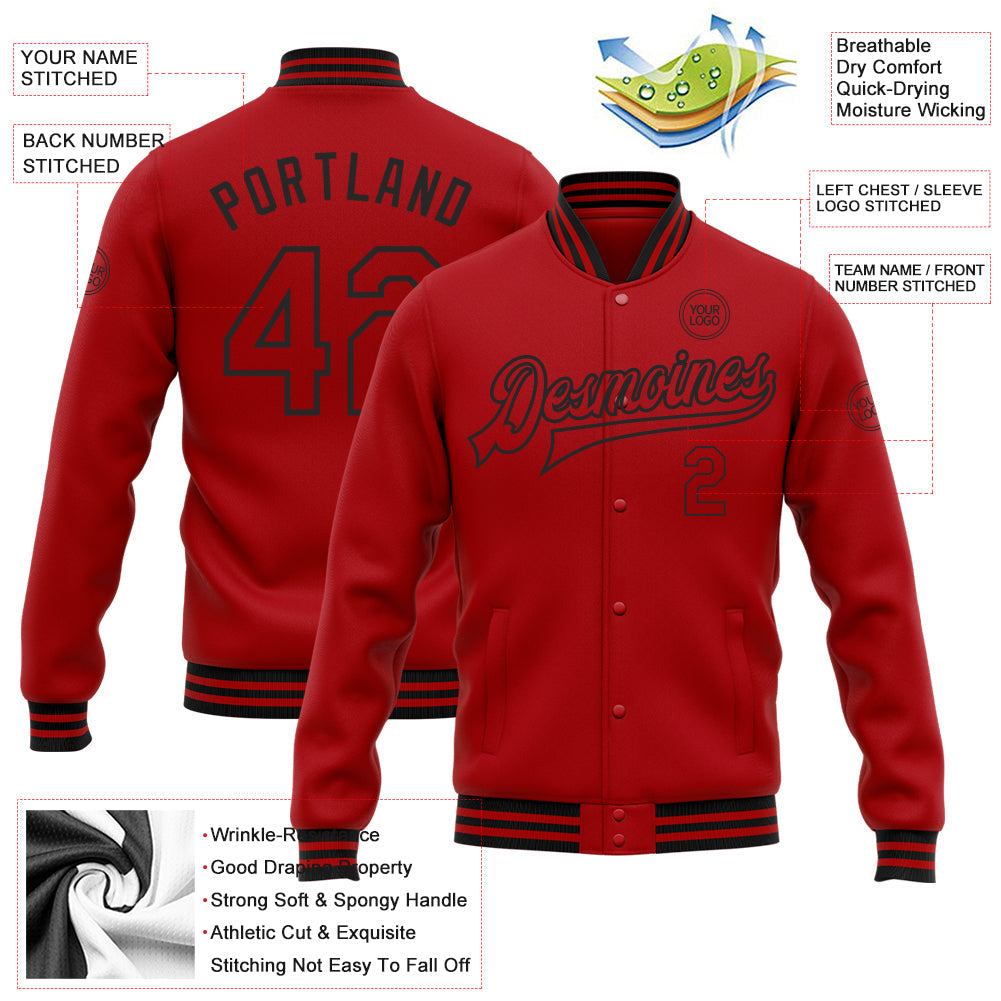 Custom Red Black Bomber Full-Snap Varsity Letterman Jacket view 5