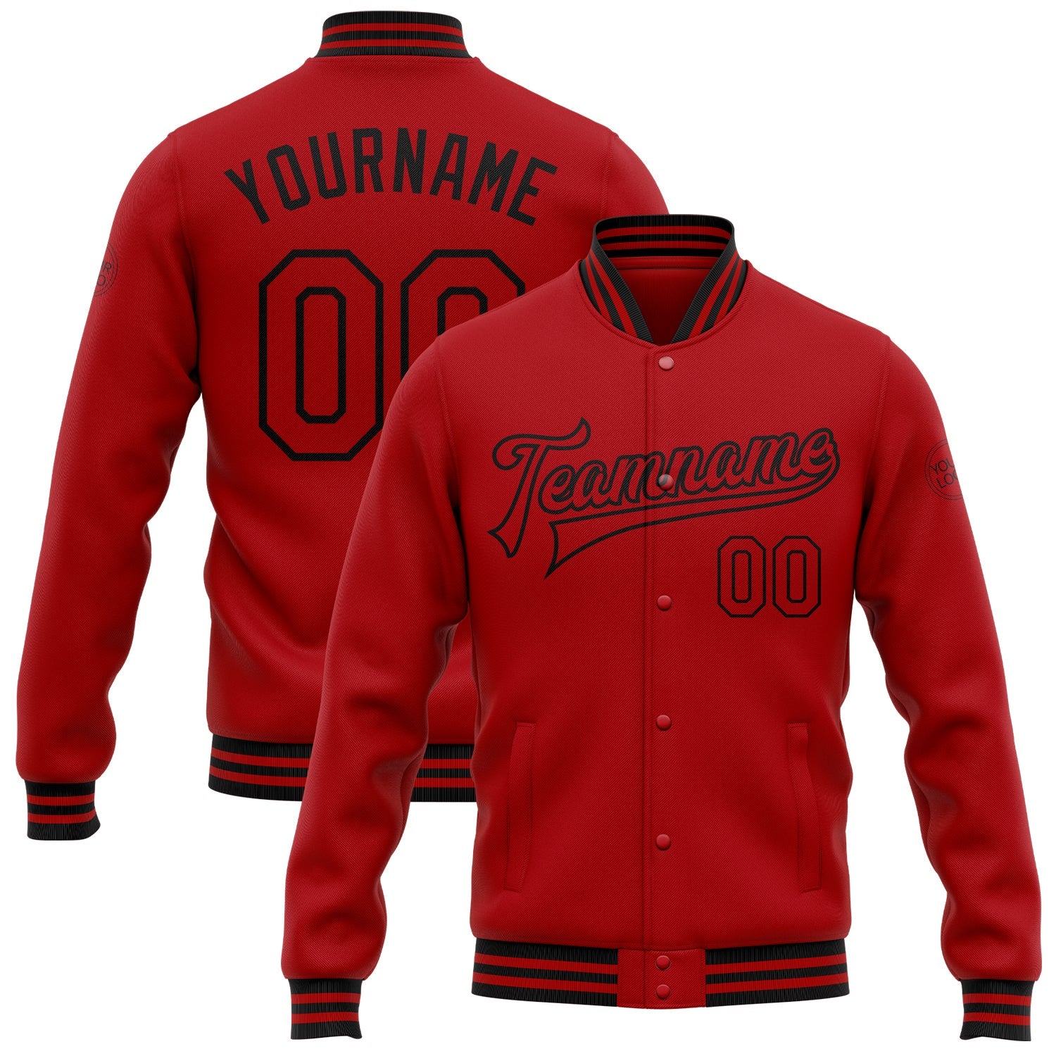 Custom Red Black Bomber Full-Snap Varsity Letterman Jacket - Main View