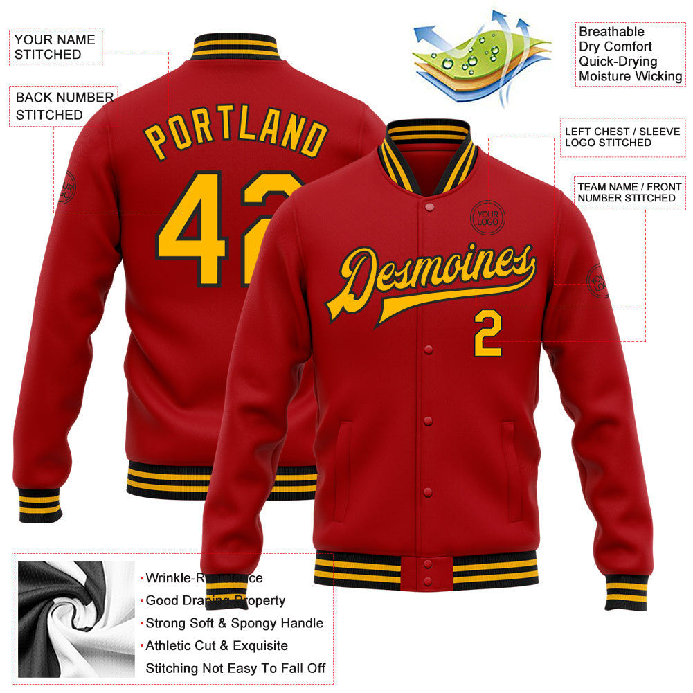 Custom Red Gold-Black Bomber Full-Snap Varsity Letterman Jacket view 5