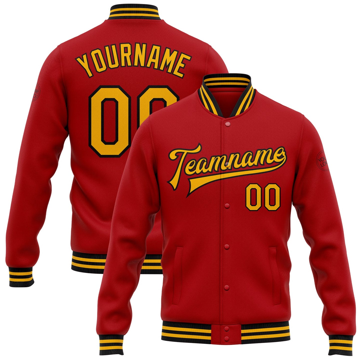 Custom Red Gold-Black Bomber Full-Snap Varsity Letterman Jacket - Main View