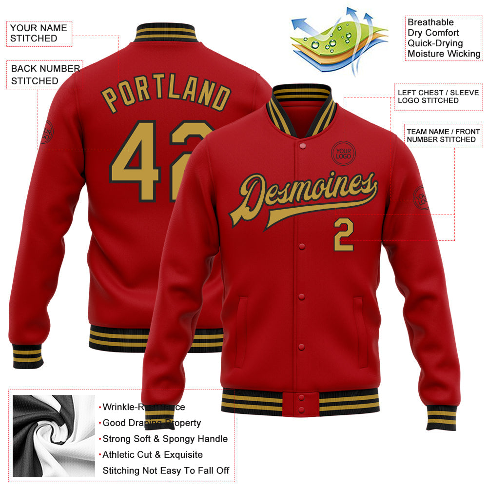 Custom Red Old Gold-Black Bomber Full-Snap Varsity Letterman Jacket view 5