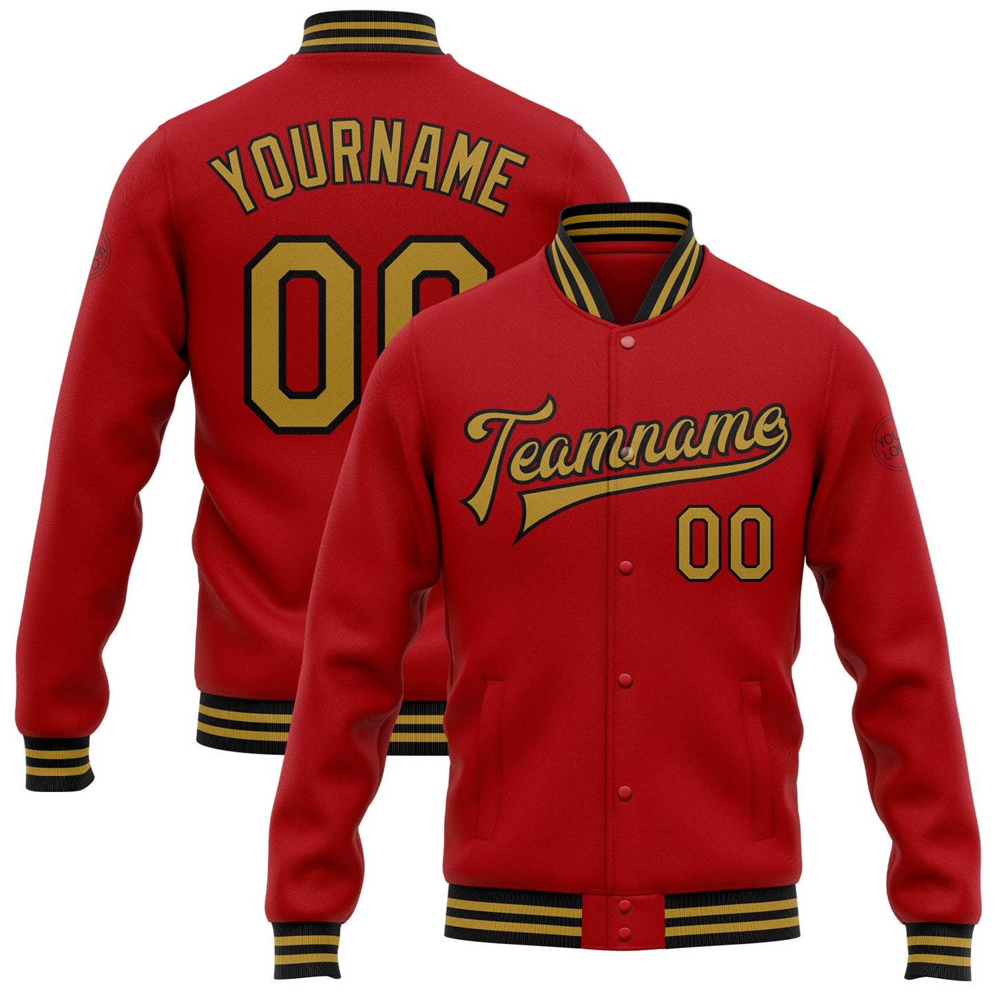Custom Red Old Gold-Black Bomber Full-Snap Varsity Letterman Jacket - Main View