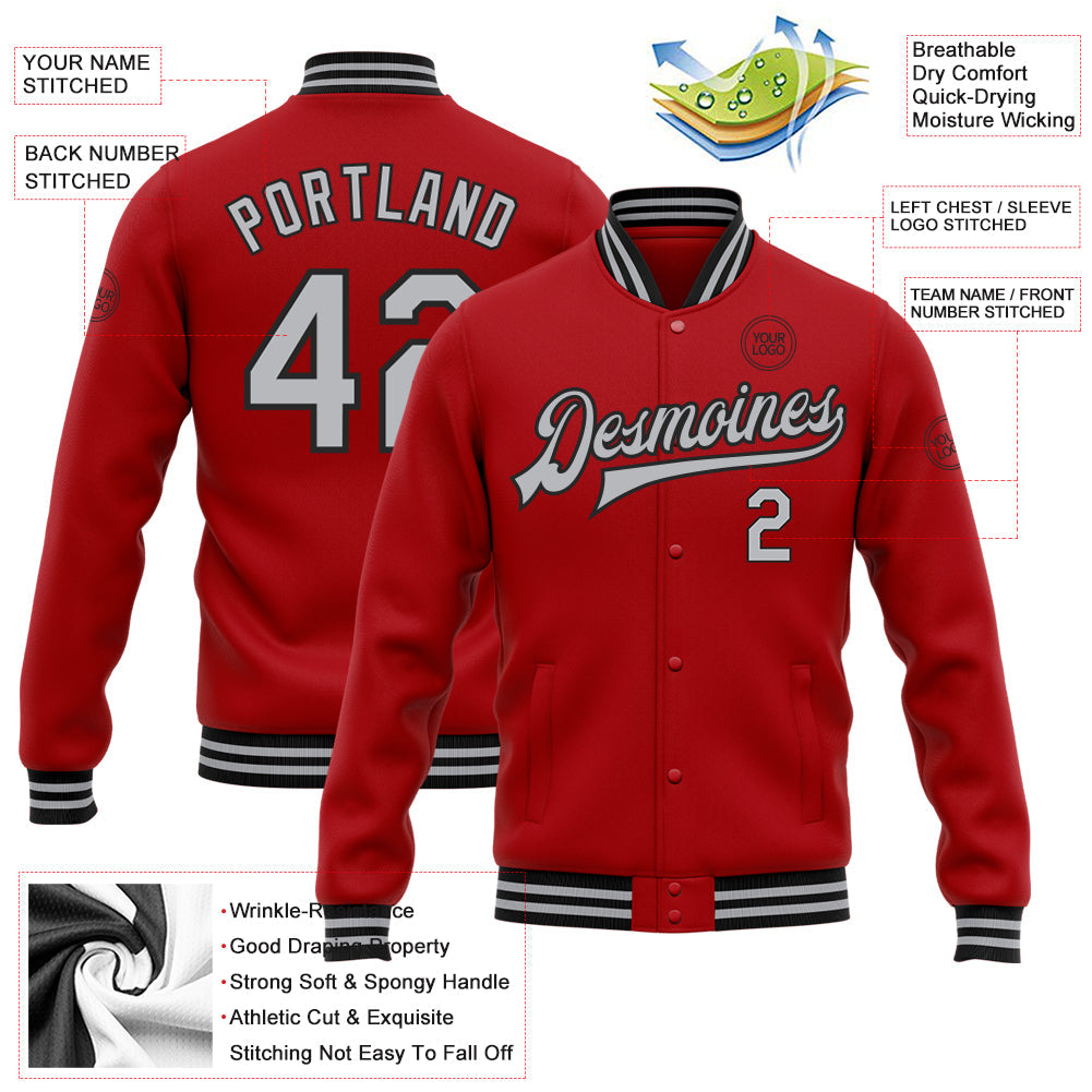 Custom Red Gray-Black Bomber Full-Snap Varsity Letterman Jacket view 5