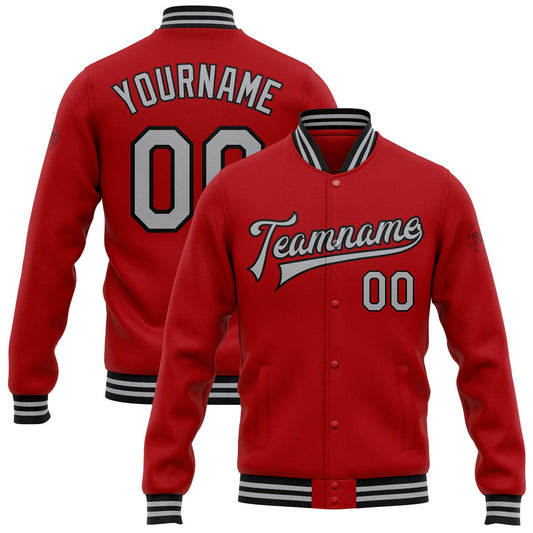 Custom Red Gray-Black Bomber Full-Snap Varsity Letterman Jacket - Main View