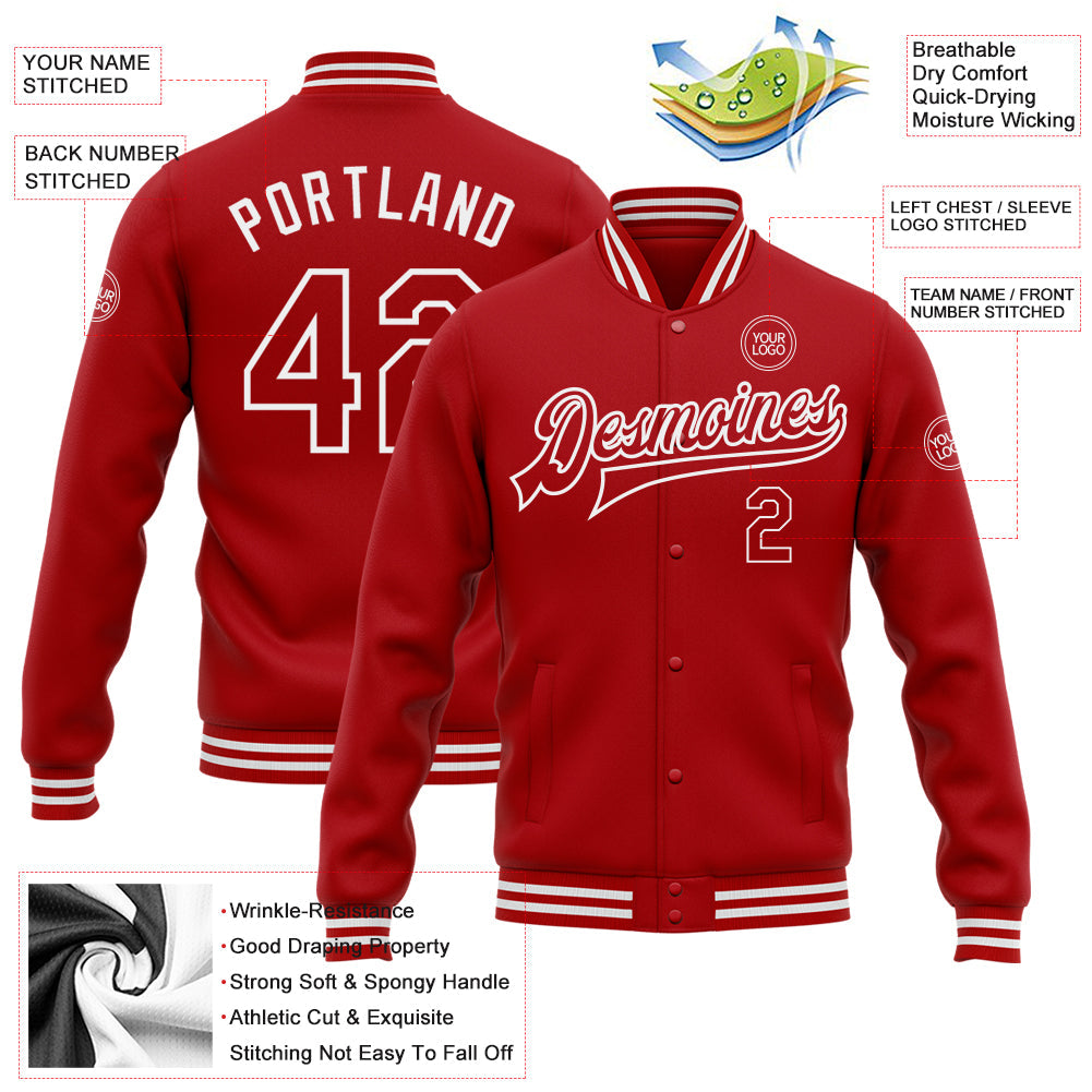 Custom Red White Bomber Full-Snap Varsity Letterman Jacket view 5