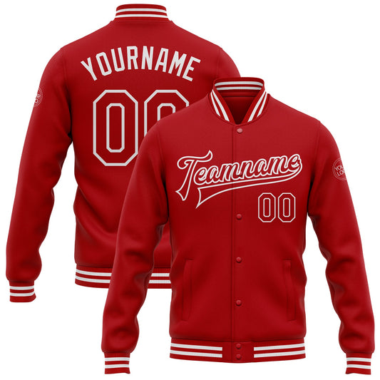 Custom Red White Bomber Full-Snap Varsity Letterman Jacket - Main View