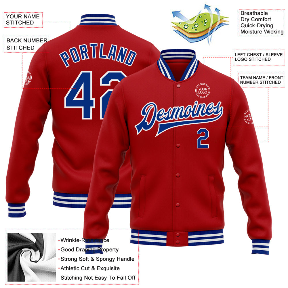 Custom Red Royal-White Bomber Full-Snap Varsity Letterman Jacket view 5