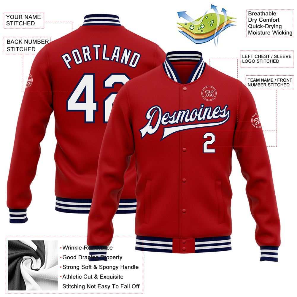 Custom Red White-Navy Bomber Full-Snap Varsity Letterman Jacket view 5