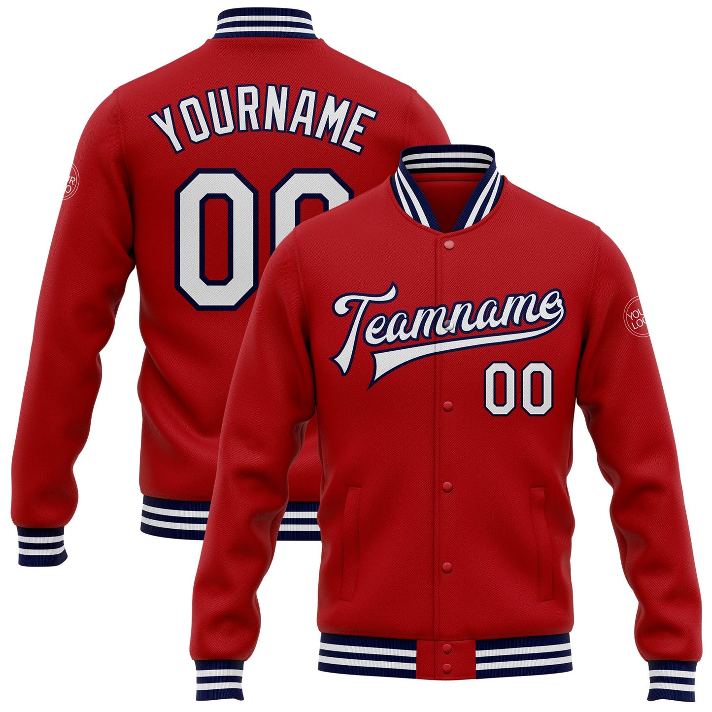 Custom Red White-Navy Bomber Full-Snap Varsity Letterman Jacket - Main View